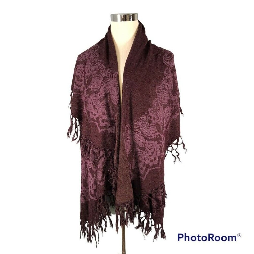 RAJ Cape Open Front Sweater One Size Maroon Fringe Acrylic Sleeveless